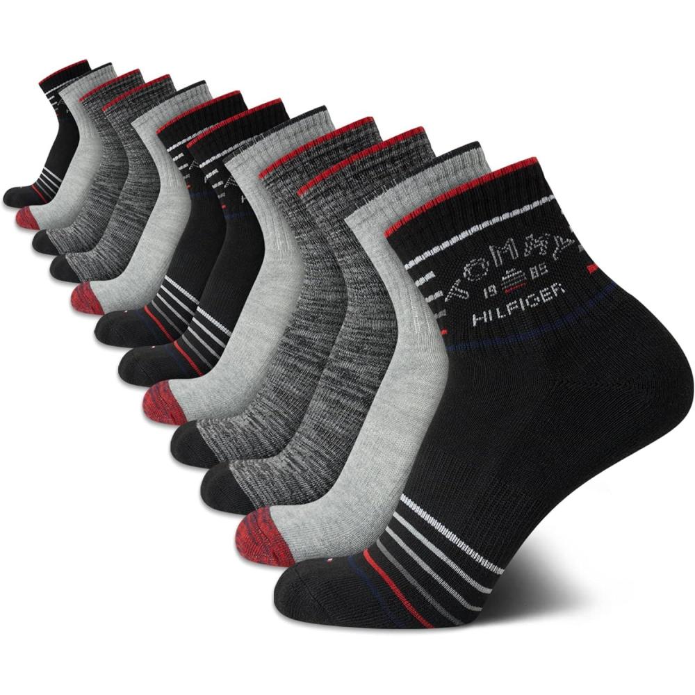 imageTommy Hilfiger Mens Quarter Socks  12 Pack Athletic Performance Cushioned Quarter Length Ankle Socks for Men for RunningGrey Multi