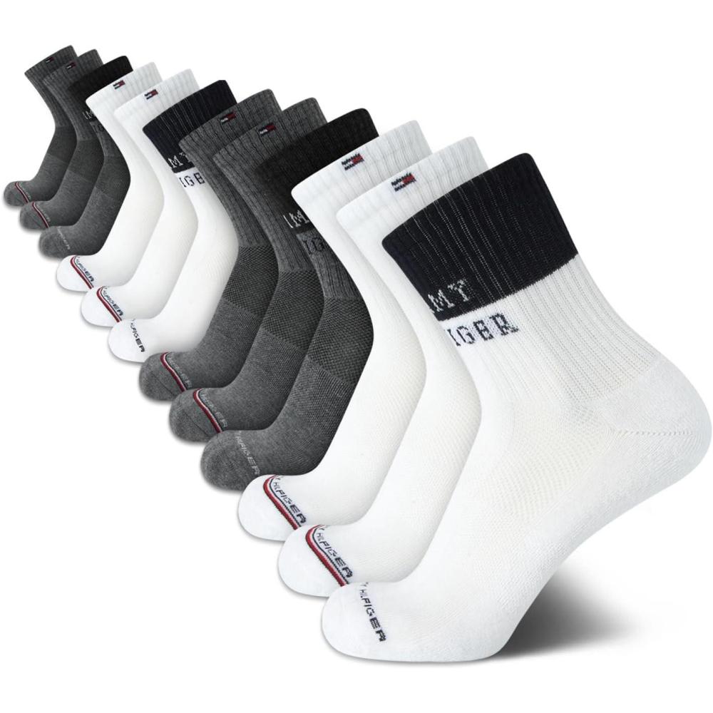imageTommy Hilfiger Mens Quarter Socks  12 Pack Athletic Performance Cushioned Quarter Length Ankle Socks for Men for RunningWhite Grey