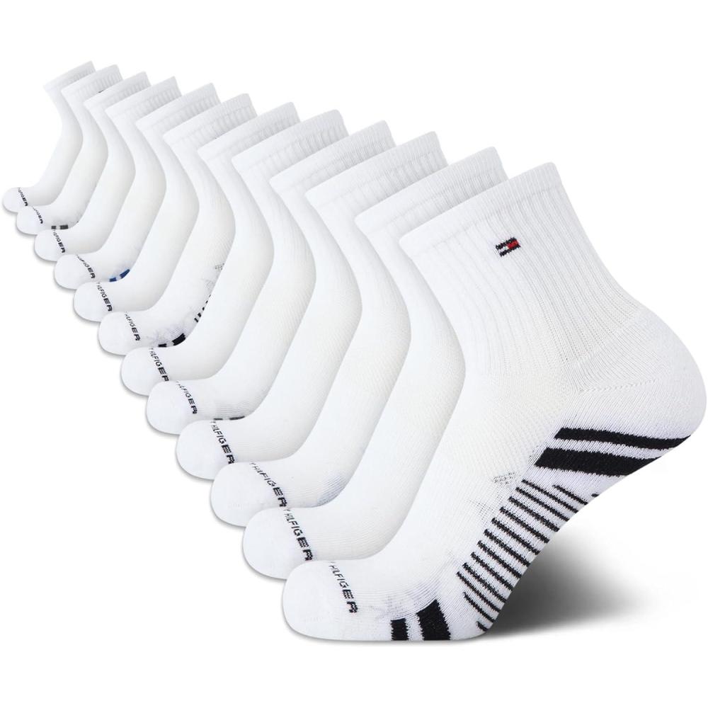imageTommy Hilfiger Mens Quarter Socks  12 Pack Athletic Performance Cushioned Quarter Length Ankle Socks for Men for RunningWhite Multi
