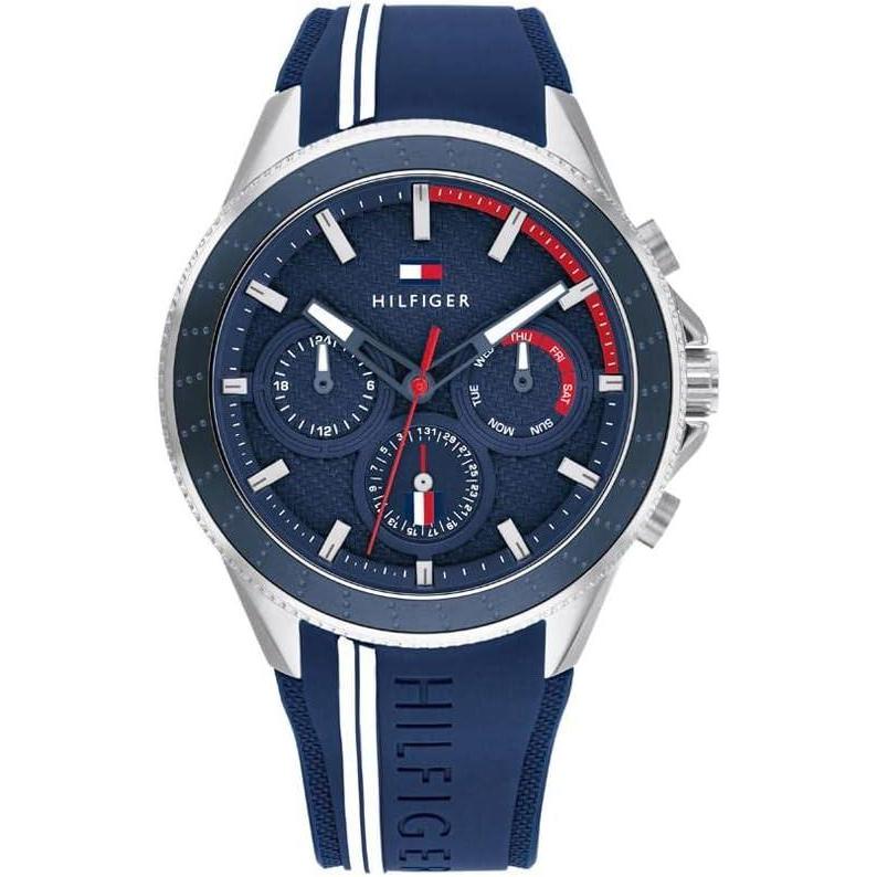 imageTommy Hilfiger Mens Quartz Multifunction Stainless Steel and Silicon Strap Sporty WatchNavy  Silver