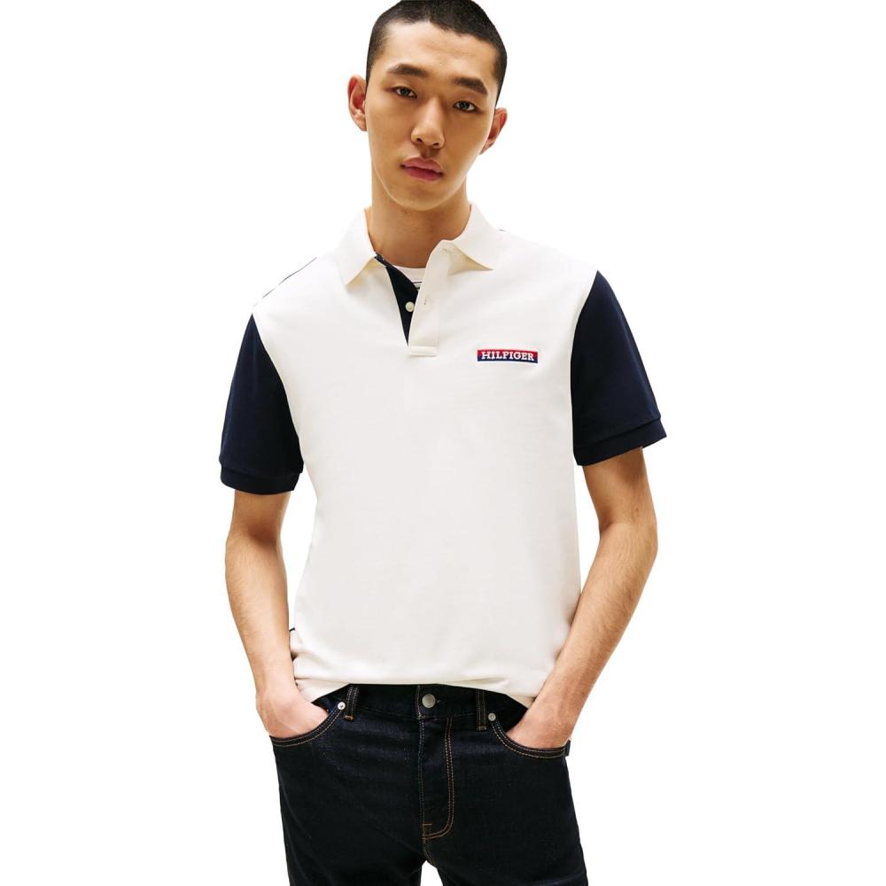 imageTommy Hilfiger Mens Short Sleeve Casual Polo Shirts in Regular Fit with Stretch and Colorblock DesignsWhite Stripe