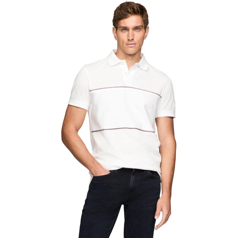 imageTommy Hilfiger Mens Short Sleeve Casual Polo Shirts in Regular Fit with Stripe DesignsWhite