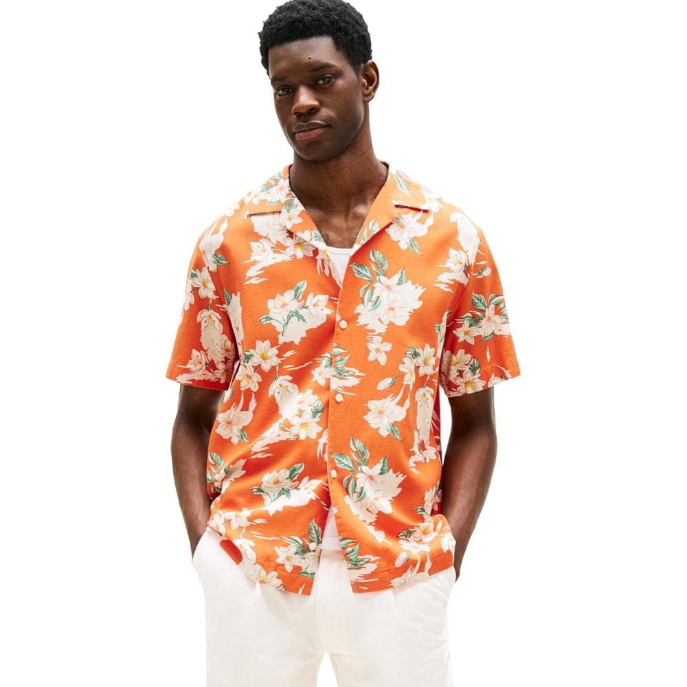 imageTommy Hilfiger Mens Short Sleeve Lightweight Button Down Shirts in Regular Fit Mens Casual Button Down Summer ShirtsBrilliant Orange Allover