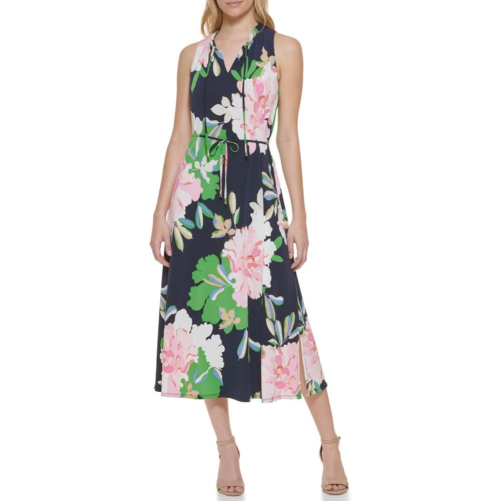 imageTommy Hilfiger Womens Balloon Sleeve Tie Neck Chiffon ALine Midi DressSky CaptainBloom