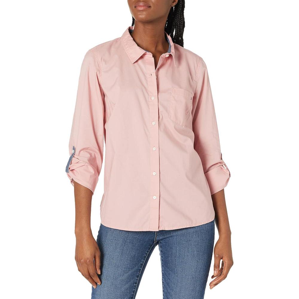 imageTommy Hilfiger Womens Button Down Long Sleeve Collared Shirt with Chest PocketBridal Rose