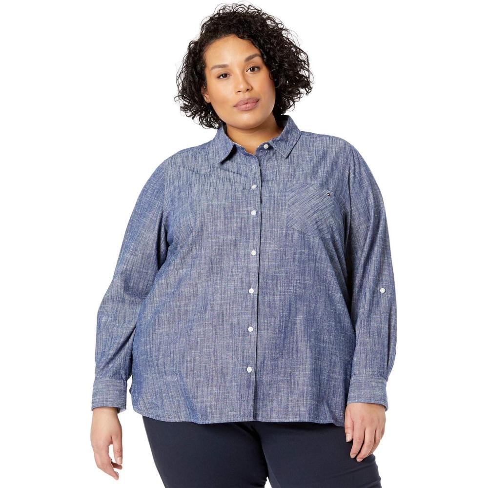 imageTommy Hilfiger Womens Button Down Long Sleeve Collared Shirt with Chest PocketChambray