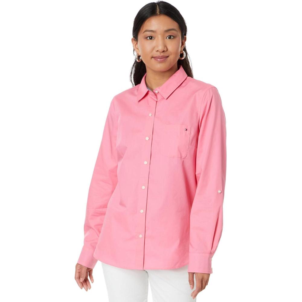 imageTommy Hilfiger Womens Button Down Long Sleeve Collared Shirt with Chest PocketPeony