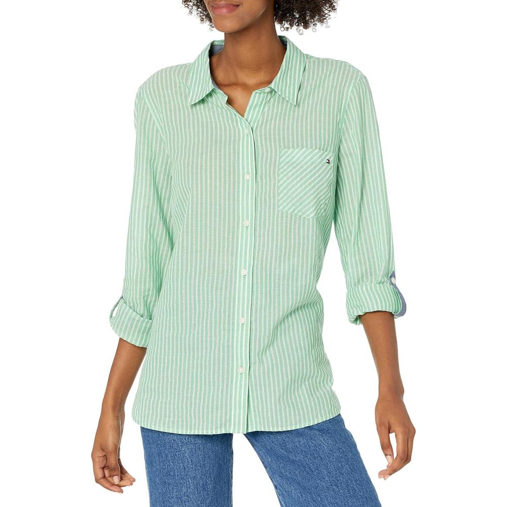 imageTommy Hilfiger Womens Button Down Long Sleeve Collared Shirt with Chest PocketSweet Pea