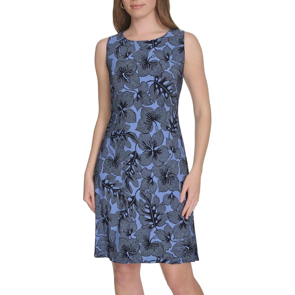 imageTommy Hilfiger Womens Lace Trim Short Sleeve Shift DressFrench BlueSky Captain