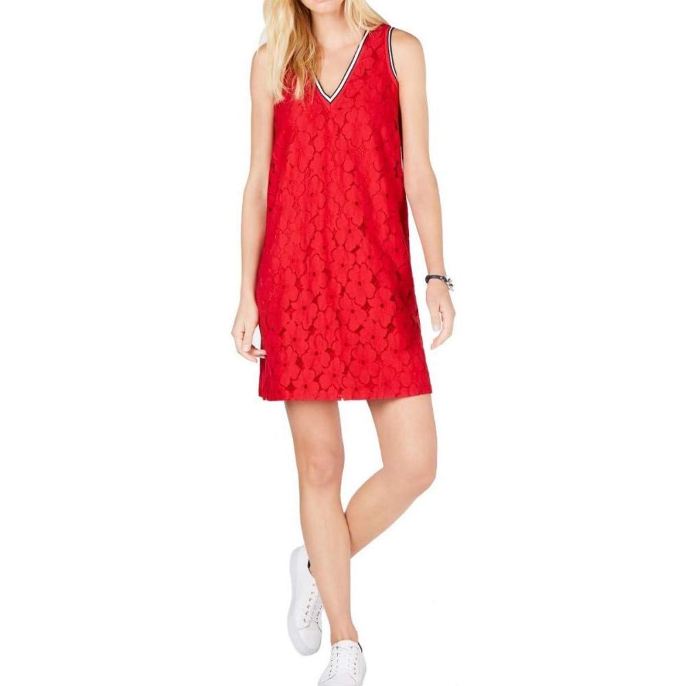 imageTommy Hilfiger Womens Lace Trim Short Sleeve Shift DressScarlet