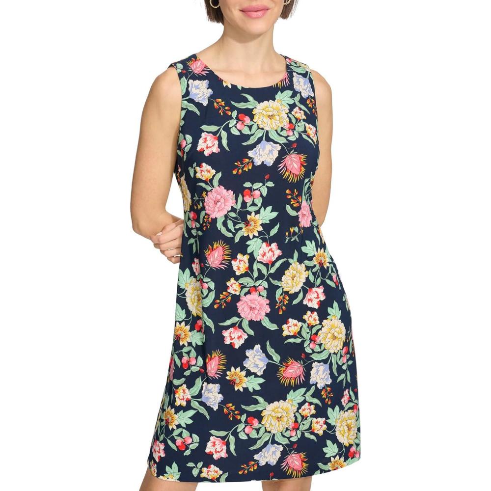 imageTommy Hilfiger Womens Lace Trim Short Sleeve Shift DressSky Captain Combo