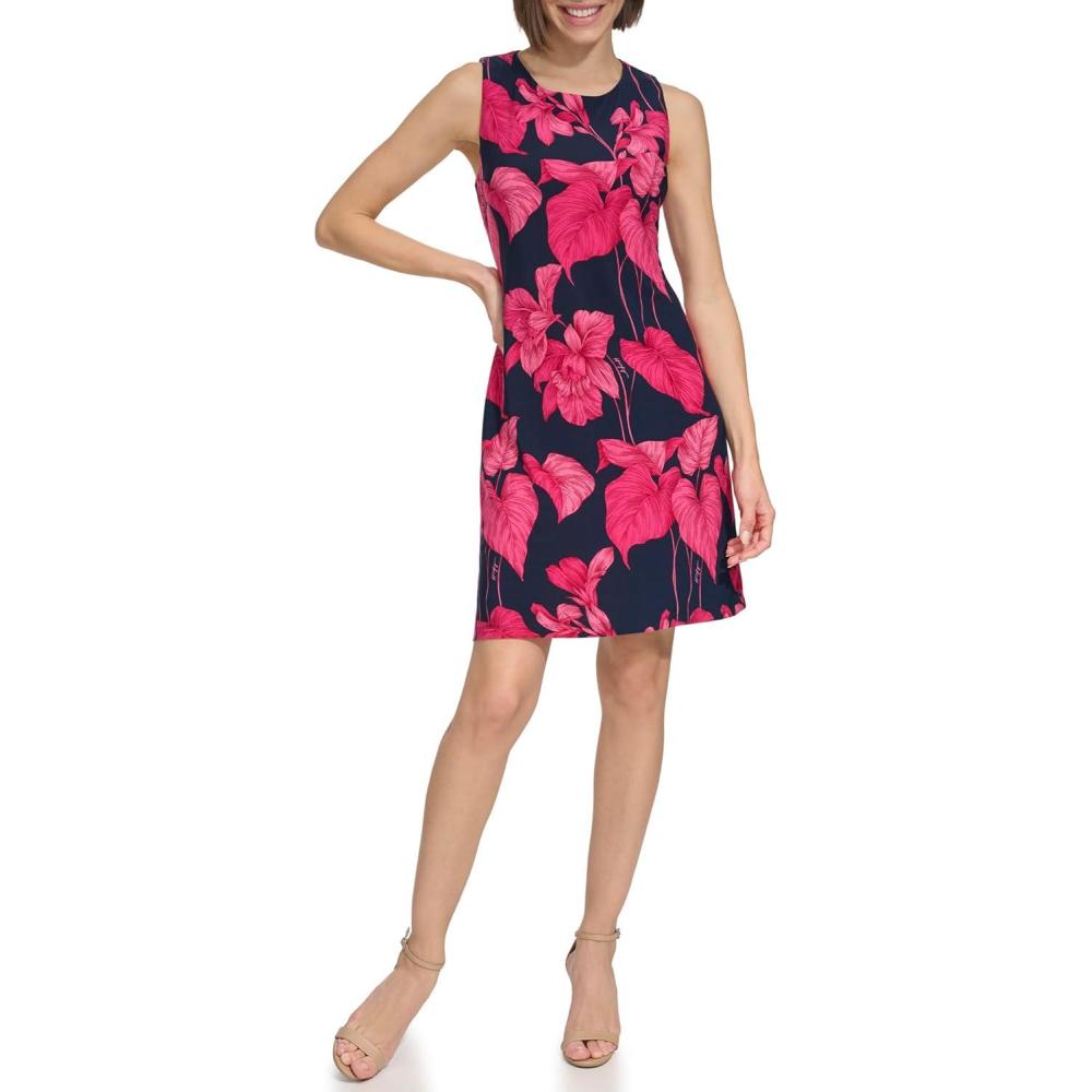 imageTommy Hilfiger Womens Lace Trim Short Sleeve Shift DressSky CaptainCarmine Rose