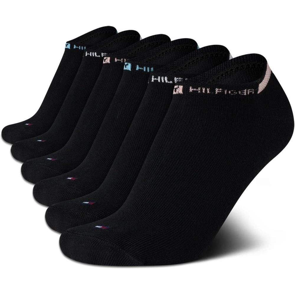 imageTommy Hilfiger Womens No Show Socks  6 Pack Cotton Blend Lightweight Cushioned Flat Liner Socks for WomenBlack Multi