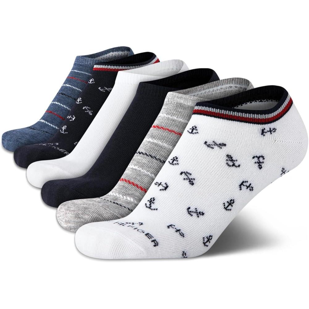 imageTommy Hilfiger Womens No Show Socks  6 Pack Cotton Blend Lightweight Cushioned Flat Liner Socks for WomenWhite Stripe Multi