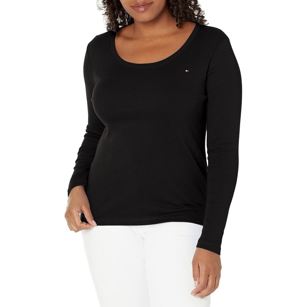 imageTommy Hilfiger Womens Solid ScoopNeck LongSleeve TopBlack