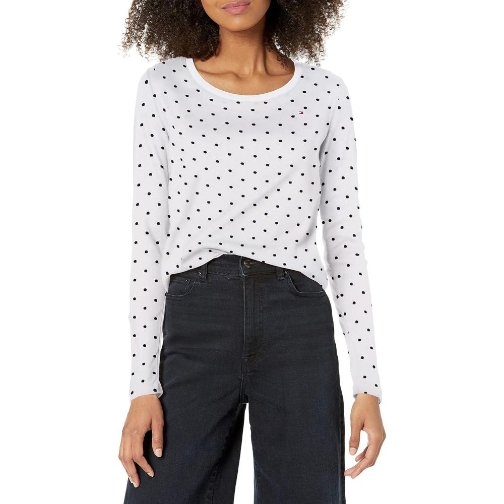 imageTommy Hilfiger Womens Solid ScoopNeck LongSleeve TopBright WhiteSky Captain Dot