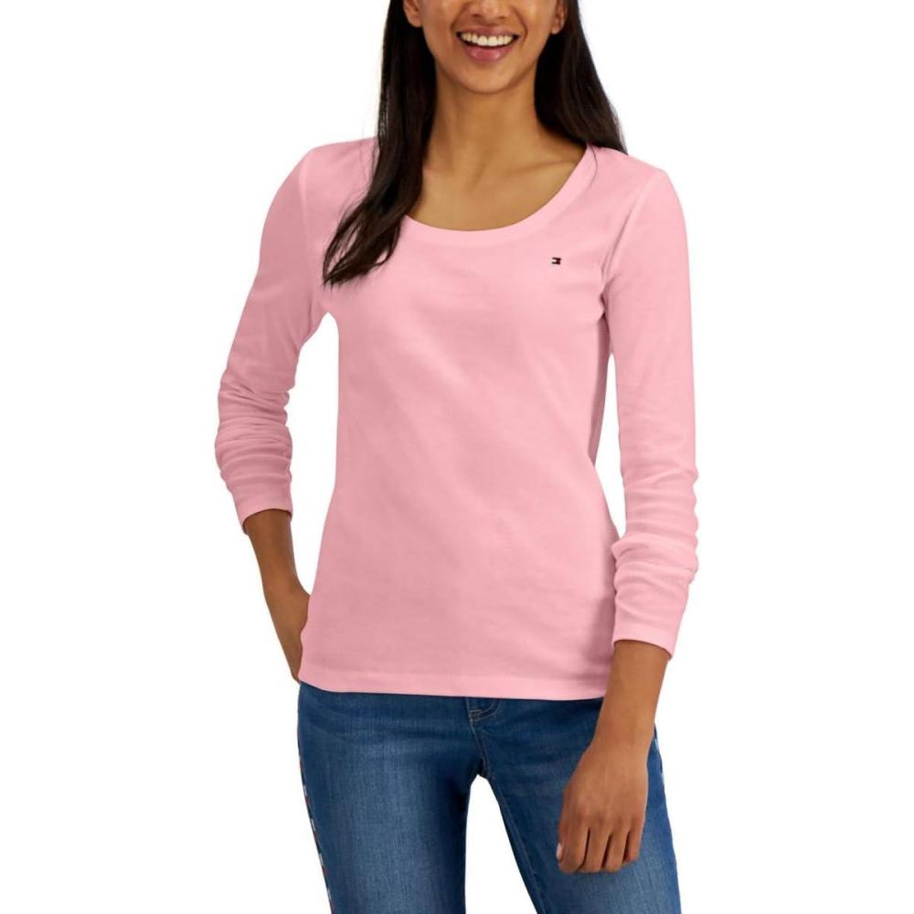 imageTommy Hilfiger Womens Solid ScoopNeck LongSleeve TopBubblegum Pink