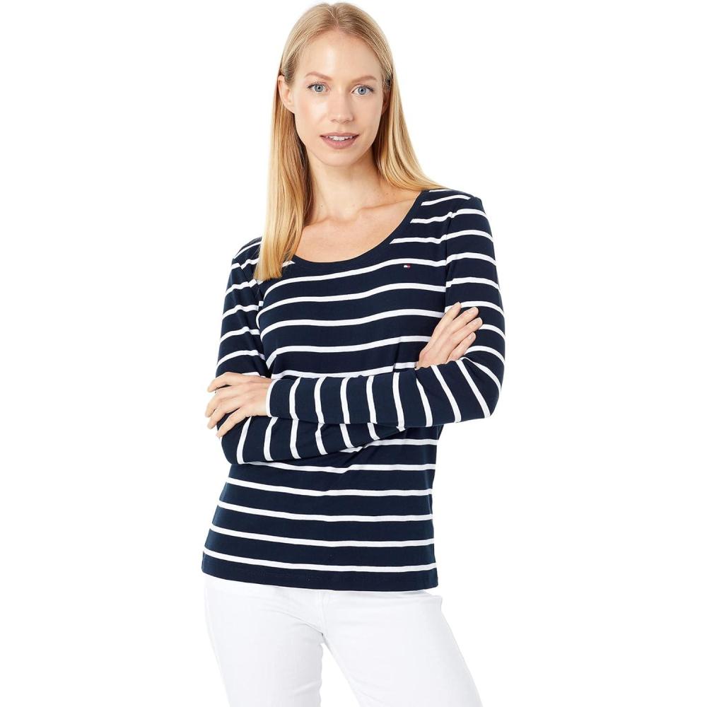 imageTommy Hilfiger Womens Solid ScoopNeck LongSleeve TopSky CaptainWhite Stripe