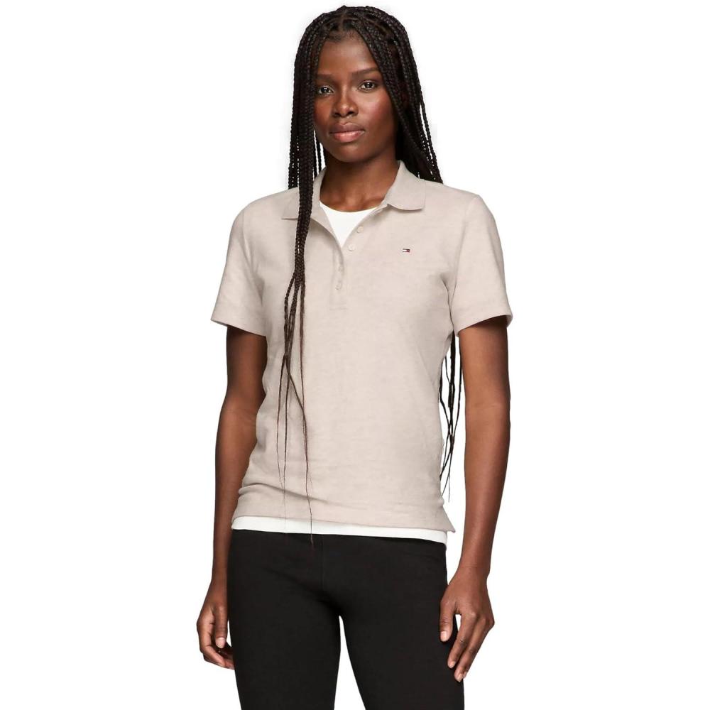 imageTommy Hilfiger Womens Solid Short Sleeve Pique Polo ShirtBeige Heather