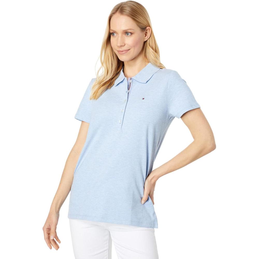 imageTommy Hilfiger Womens Solid Short Sleeve Pique Polo ShirtChambray Blue