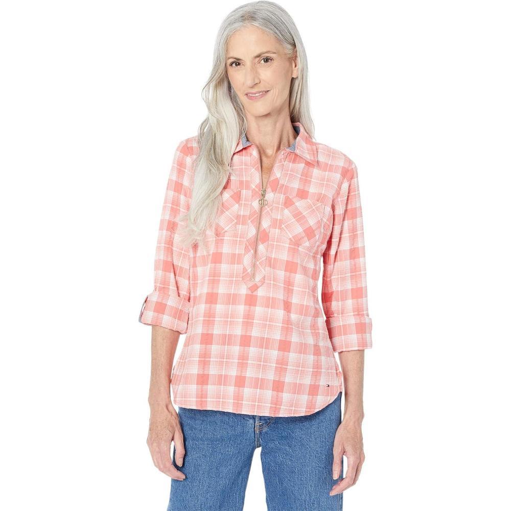 imageTommy Hilfiger Womens Solid Short Sleeve Pique Polo ShirtCoral Multi