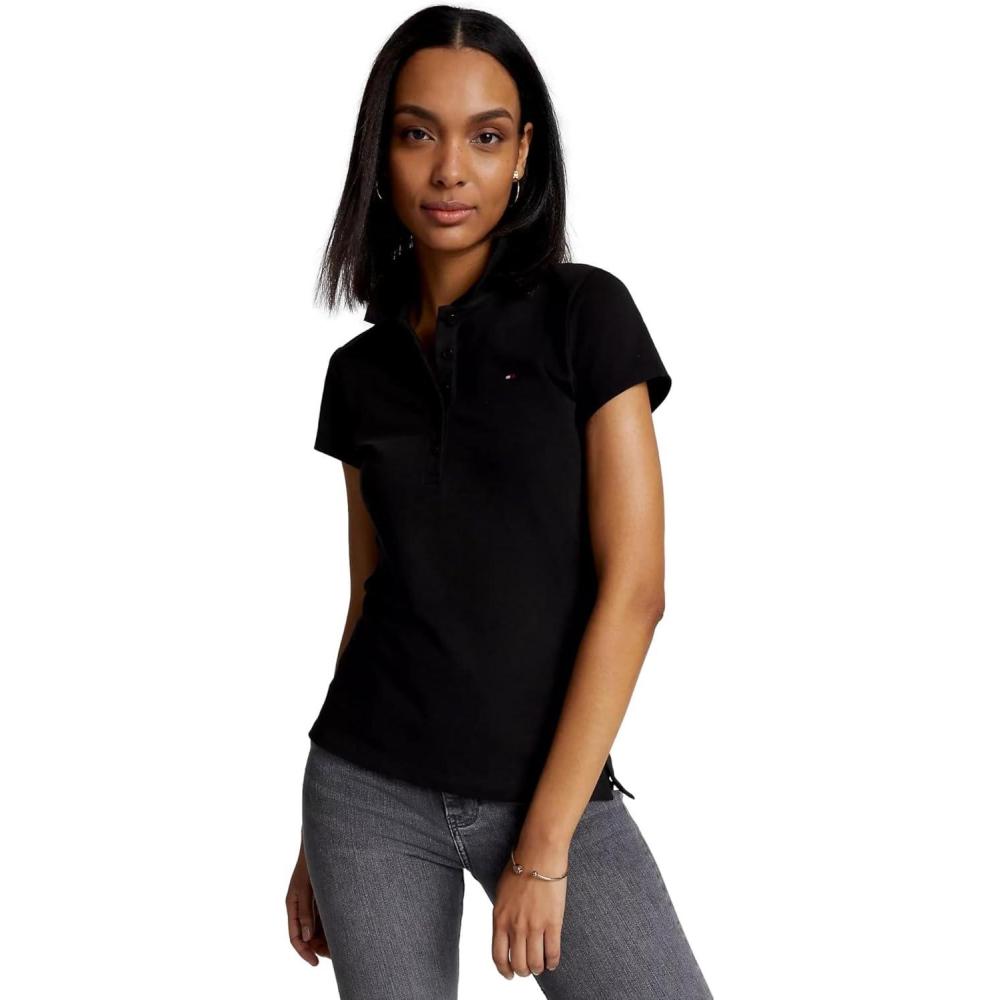 imageTommy Hilfiger Womens Solid Short Sleeve Pique Polo ShirtDark Sable Black