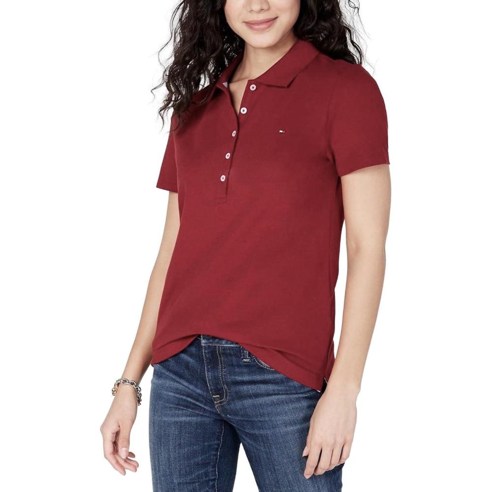imageTommy Hilfiger Womens Solid Short Sleeve Pique Polo ShirtRouge