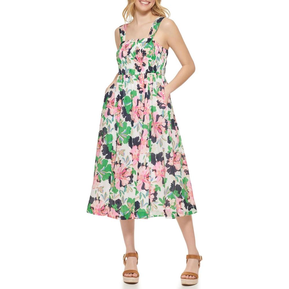 imageTommy Hilfiger Womens Square Neck Smocked Floral Midi DressIvoryBloom