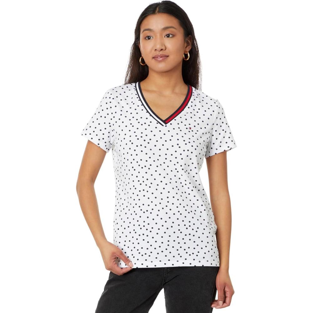 imageTommy Hilfiger Womens Ss Core VNeck Flag Tee SolidBright WhiteSky Captain