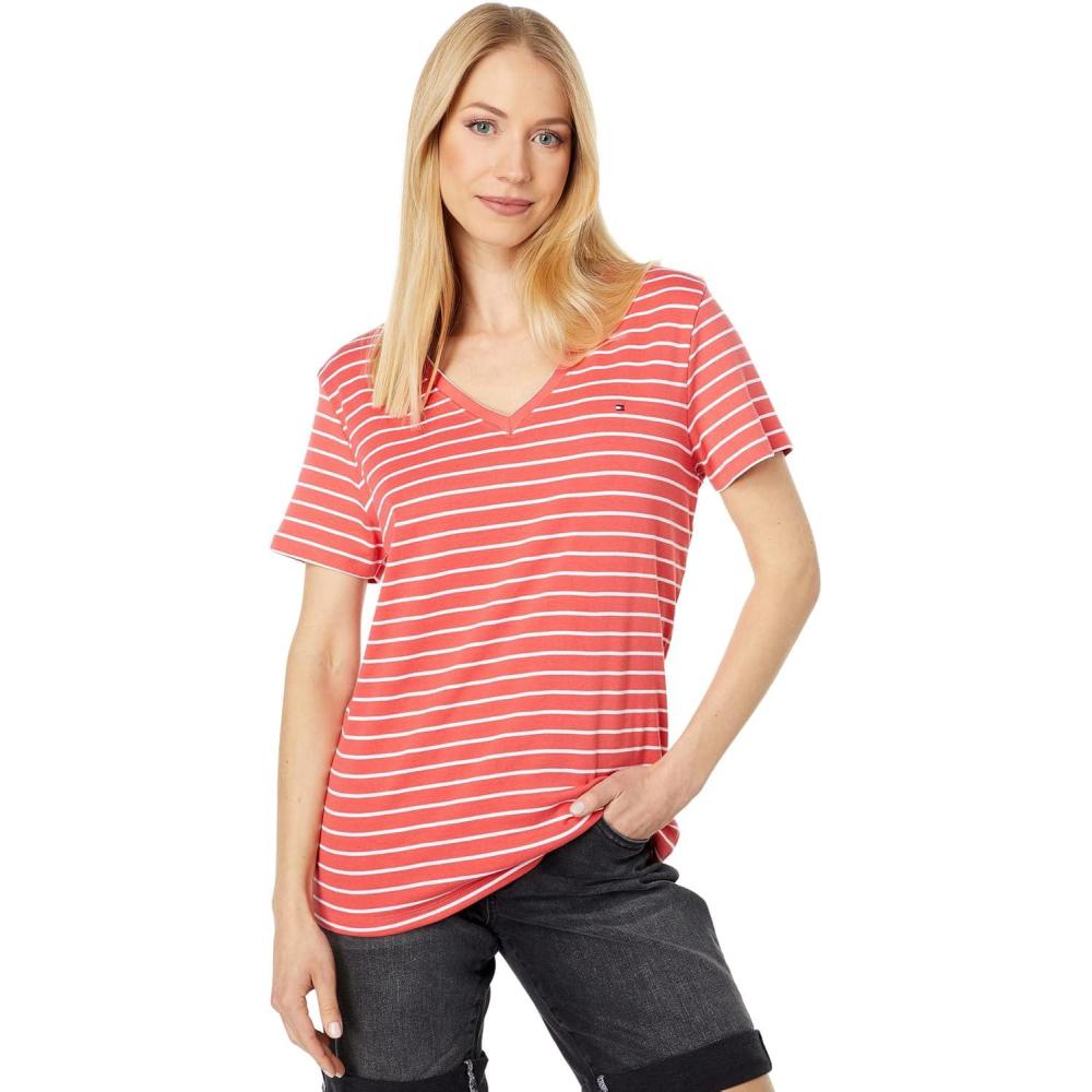 imageTommy Hilfiger Womens Ss Core VNeck Flag Tee SolidGeranium Stripe