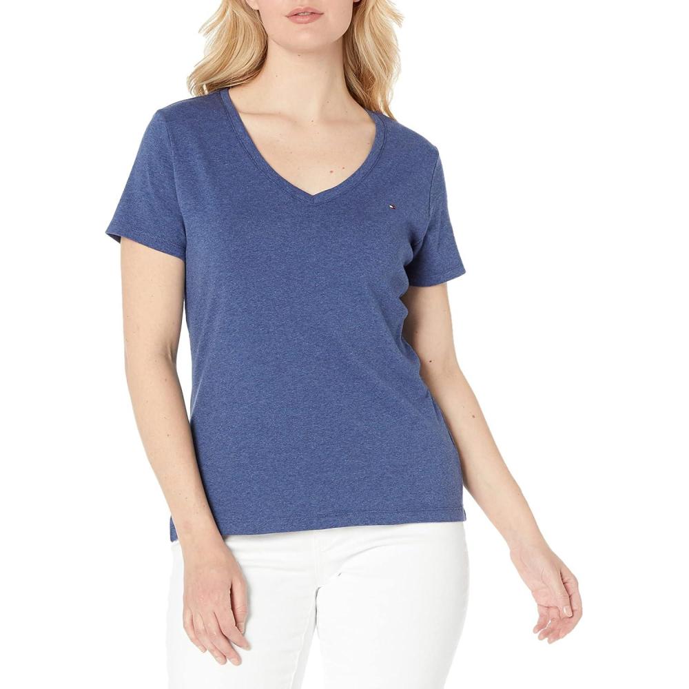 imageTommy Hilfiger Womens Ss Core VNeck Flag Tee SolidIndigo Heather