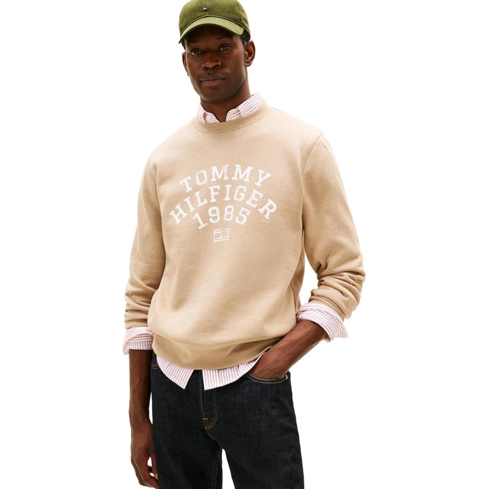 imageTommy Hilfiger mens Medium Weight Cotton Crewneck Sweatshirt With Printed Arch LogoCoastal Taupe