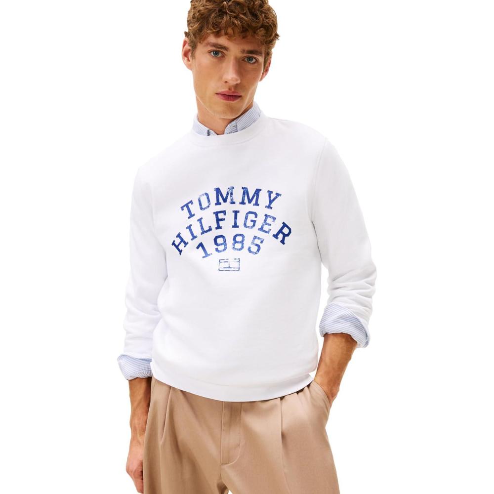 imageTommy Hilfiger mens Medium Weight Cotton Crewneck Sweatshirt With Printed Arch LogoWhite