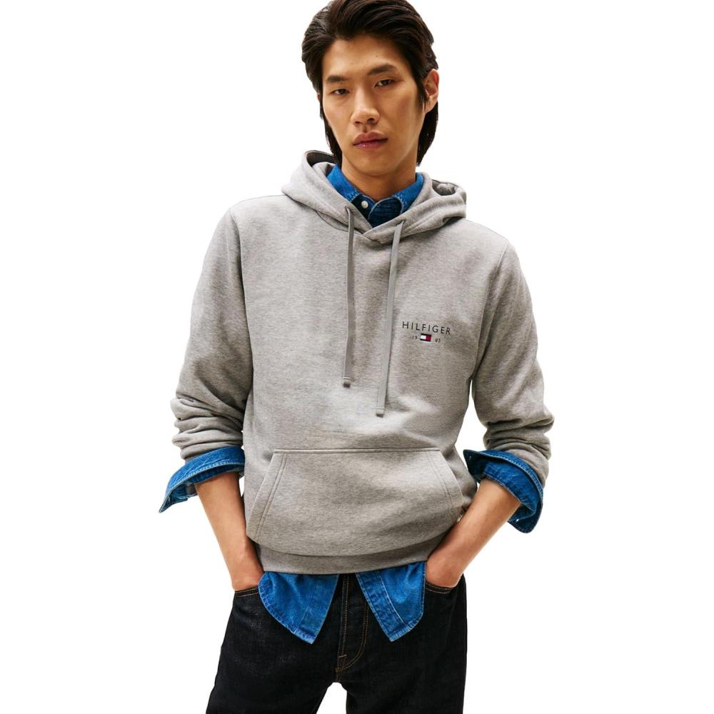 imageTommy Hilfiger mens Medium Weight Cotton Hoodie Sweatshirt With Embroidered Flag Logo and DrawstringMedium Grey Heather