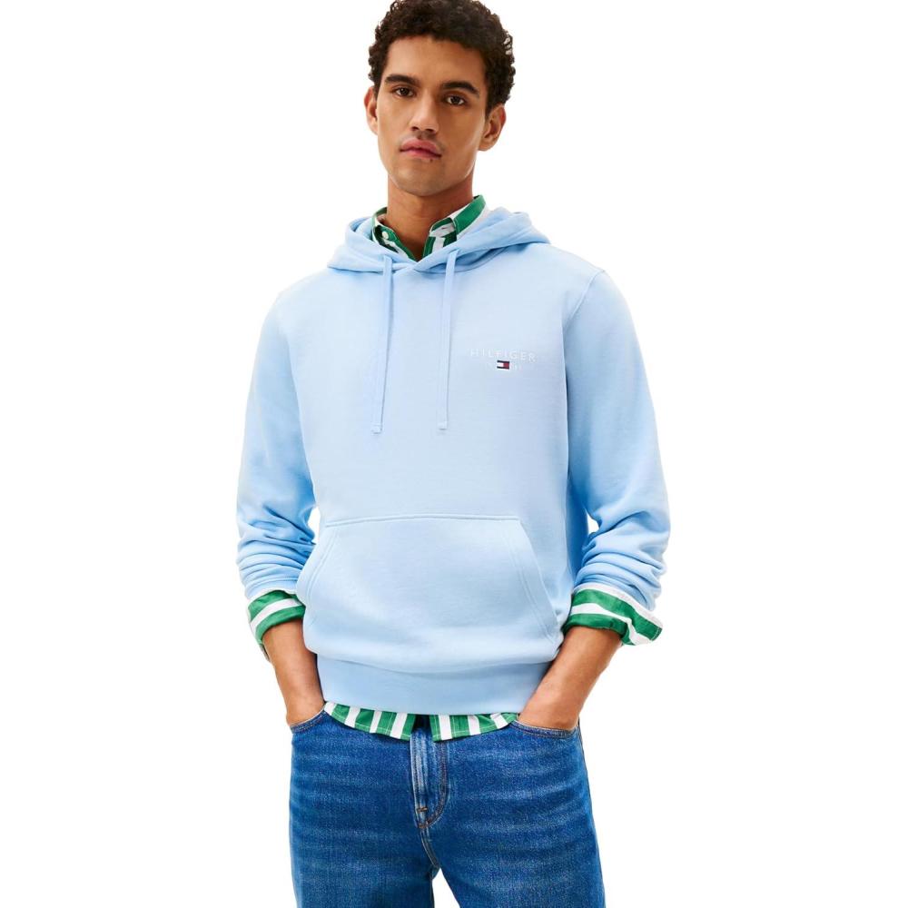 imageTommy Hilfiger mens Medium Weight Cotton Hoodie Sweatshirt With Embroidered Flag Logo and DrawstringWell Water