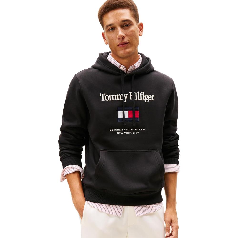 imageTommy Hilfiger mens Medium Weight Cotton Hoodie Sweatshirt With Embroidered LogoBlack