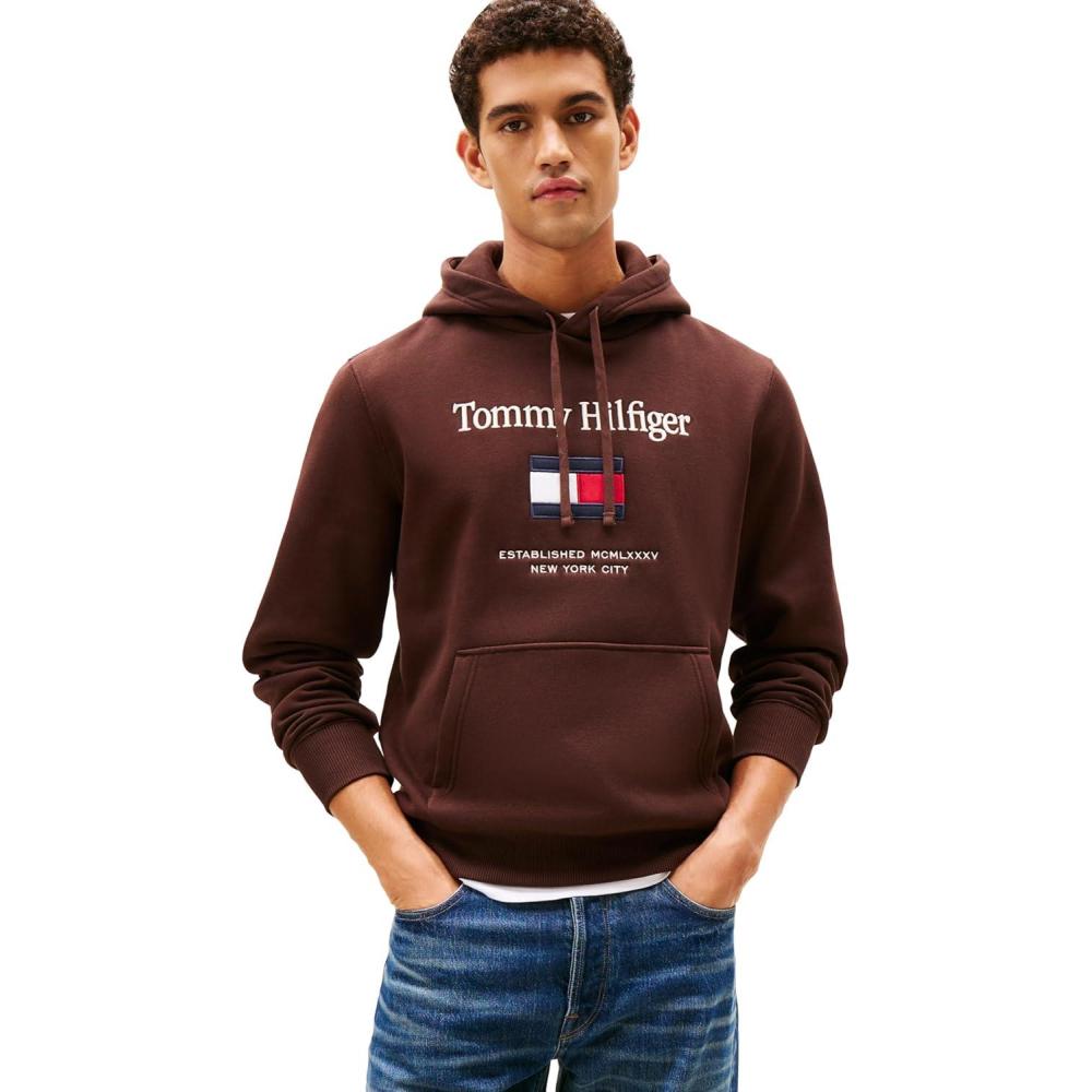 imageTommy Hilfiger mens Medium Weight Cotton Hoodie Sweatshirt With Embroidered LogoChocolate