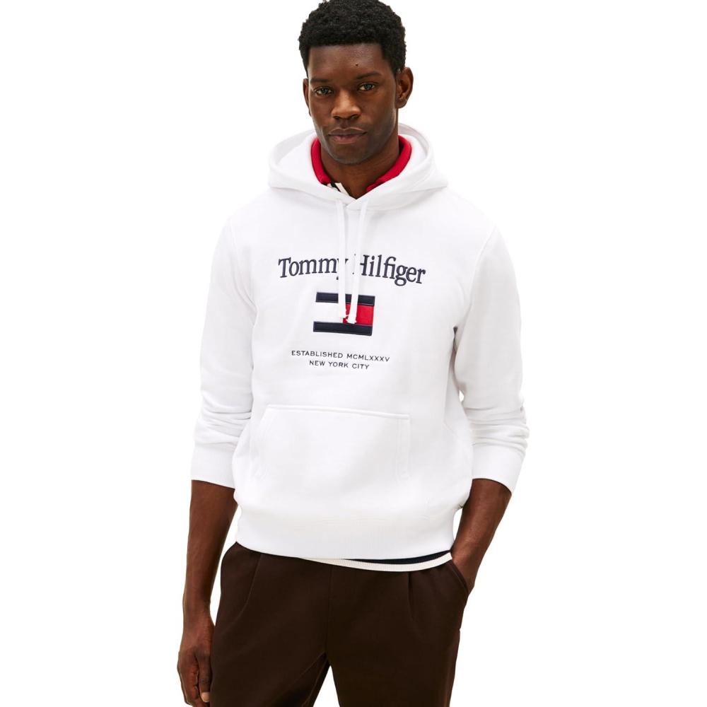imageTommy Hilfiger mens Medium Weight Cotton Hoodie Sweatshirt With Embroidered LogoWhite