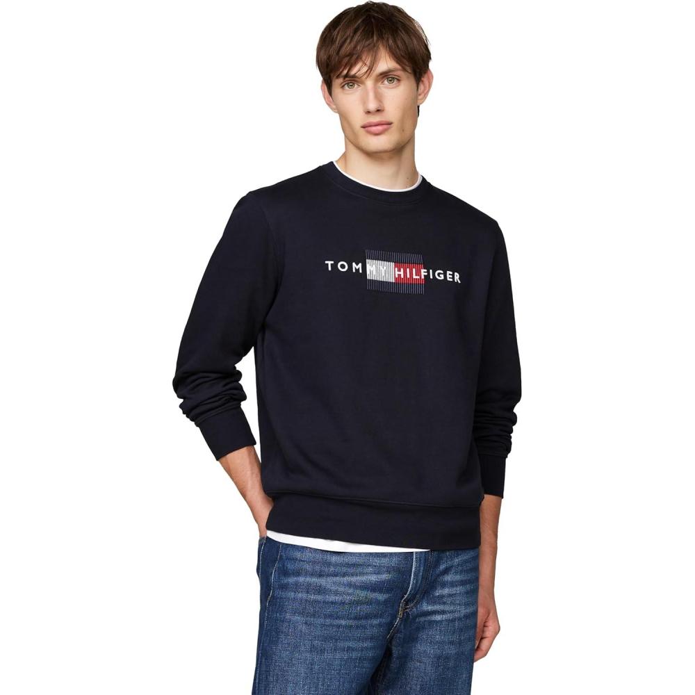 imageTommy Hilfiger mens Medium Weight Crewneck Sweatshirt With Embroidered Flag LogoDesert Sky
