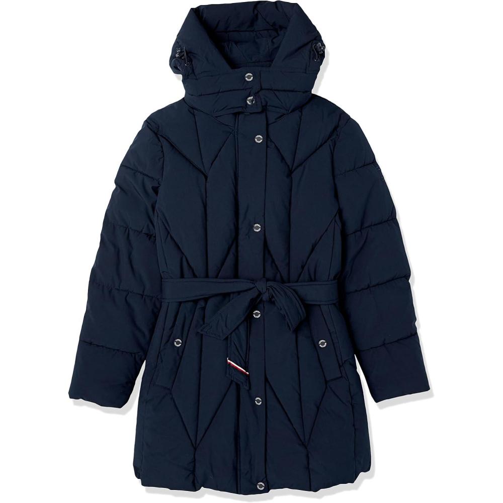 imageTommy Hilfiger womens Solid Long Puffer Hooded Self Tie Belt JacketNavy