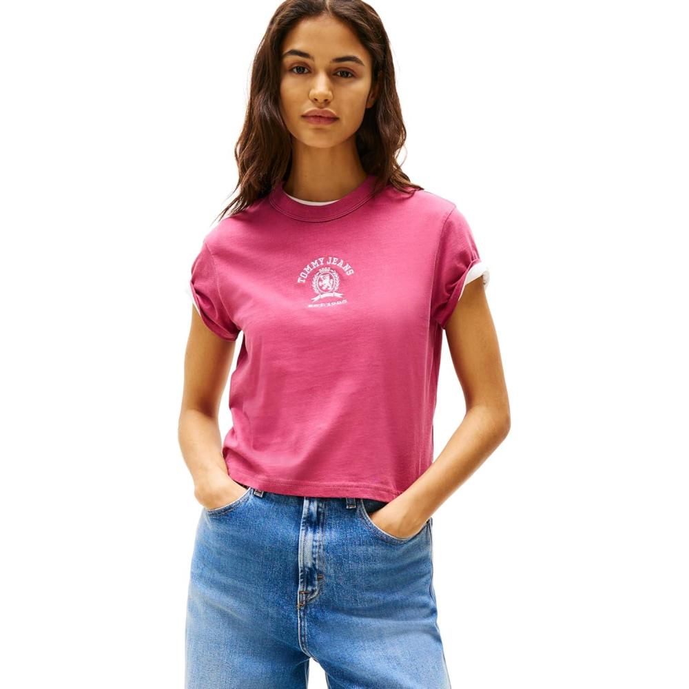 imageTommy Jeans Womens Graphic Tee with Embroidered Varsity Crest DetailBrilliant Berry