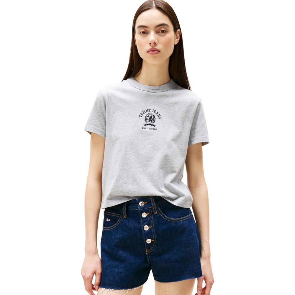 imageTommy Jeans Womens Graphic Tee with Embroidered Varsity Crest DetailGrey Heather