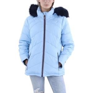TOMMY HILFIGER womens Fur Hood Zip Up Short Puffer Jacket(Cerulean)