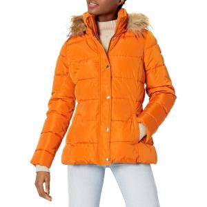 TOMMY HILFIGER womens Fur Hood Zip Up Short Puffer Jacket(Pumpkin)