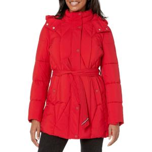 TOMMY HILFIGER womens Solid Long Puffer Hooded Self Tie Belt Jacket(Geometric Belted Crimson)