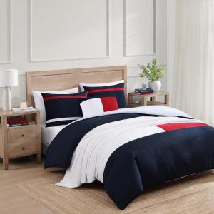 Tommy Hilfiger – Duvet Set, Luxuriously Soft Rich Cotton Bedding with Matching Shams, Textured Seersucker Design (Iconic Anniversary Navy, Full/Queen)(Full/Queen)