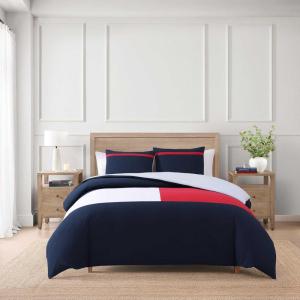 Tommy Hilfiger – Twin Comforter Set, Soft & Breathable Seersucker Bedding with a Textured Feel, Medium Weight for Year Round Use, 2 Piece Bed Set with Matching Pillowcase (Iconic Anniversary Navy)(Twin)