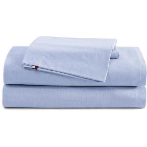 Tommy Hilfiger – Twin Sheet Set, Cotton Chambray Bedding with Matching Pillowcase, Lightweight Weave, Subtle Textured Bed Sheets (Blue)(Blue)