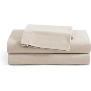 Tommy Hilfiger – Twin Size Sheet Set, Soft Cotton Chambray Bedding with a Lightweight Feel, Deep Pockets, Bed Sheets with Matching Fitted Sheet & Pillowcase (Beige)(Beige)