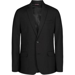 Tommy Hilfiger Boys Bi-Stretch Alexander Blazer, Single Breasted with Pocket Square, Solid Color with Flag Print Lining(Black Sharkskin)